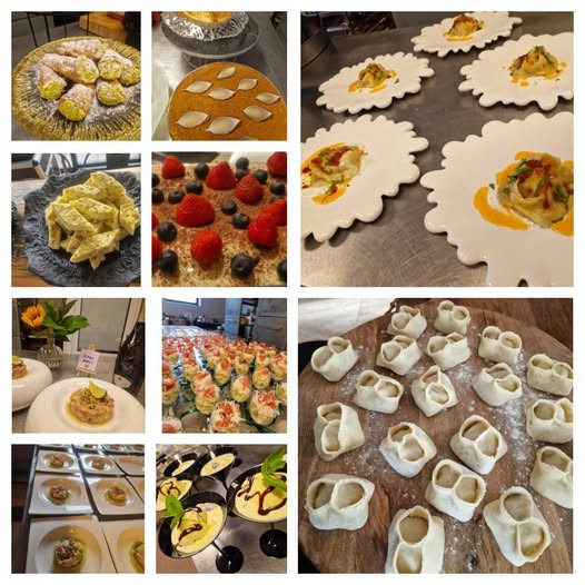Collage van hapjes, gebakjes en voorgerechten